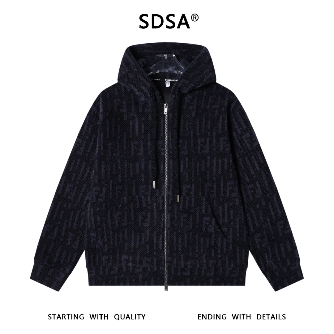 SDSA秋冬新款痞帅男装潮牌抽象撞色绒毛拉链连帽卫衣百搭开衫外套