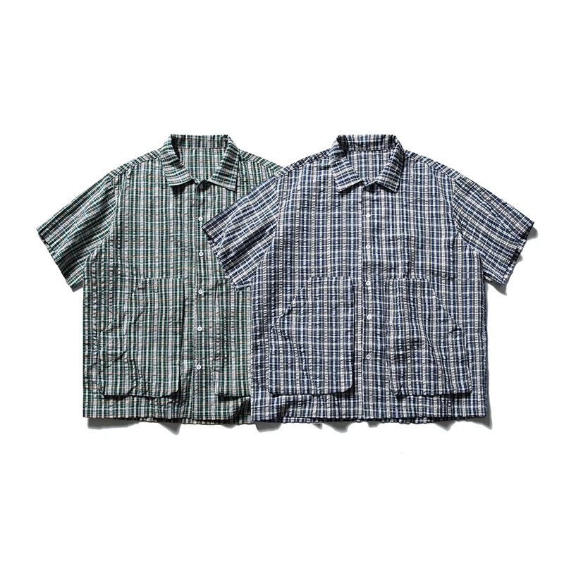 日系潮流青年大口袋宽松短袖格子衬衫