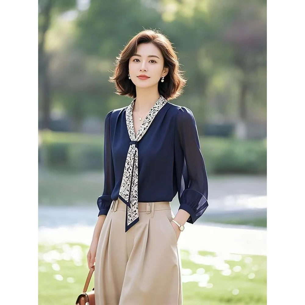 法式高级感上衣超好看独特漂亮洋气小衫飘带藏蓝色长袖衬衫女春季