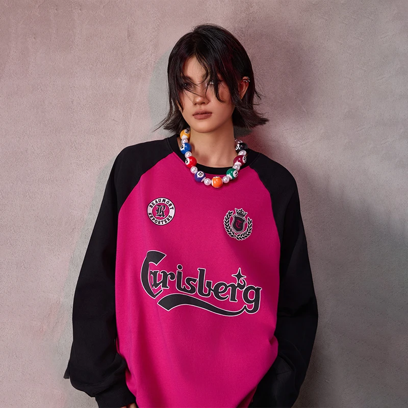 女装冬季圆领印花长袖女士卫衣插肩袖撞色字母Q52680