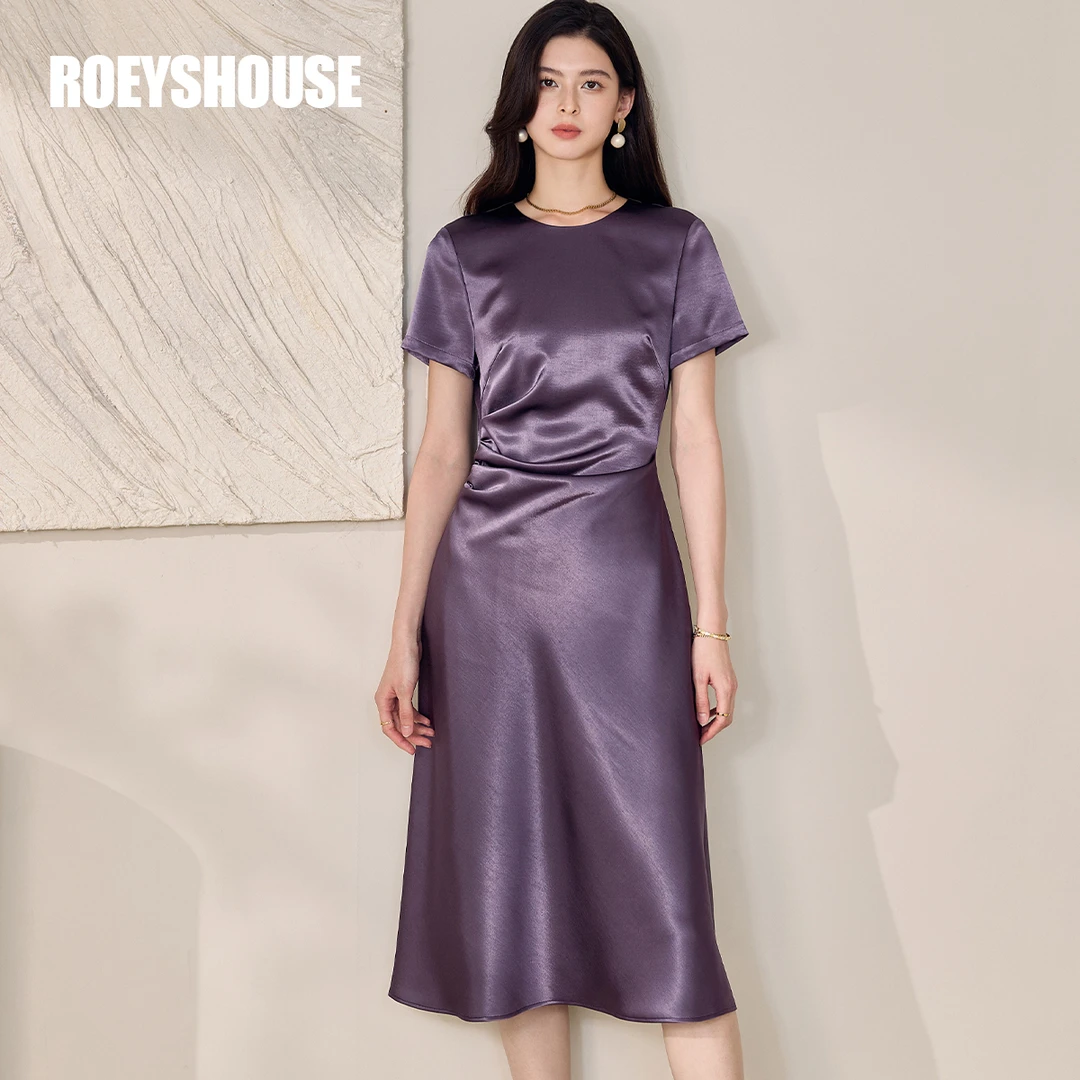 【RH】罗衣高级感缎面连衣裙女2025夏季新款设计感褶皱中长裙12078