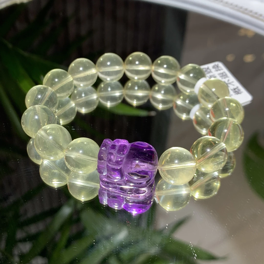 天然黄珈紫黄水晶DIY紫水晶貔貅雕刻手链净体黄款精美雕工百搭