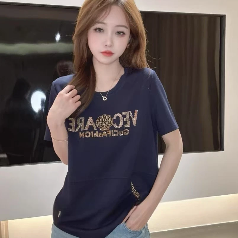 802夏季空气棉数码印花重工烫钻圆领宽松短袖t恤