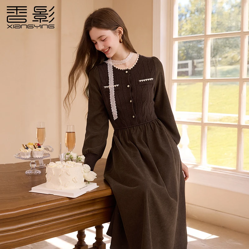 L85W000连衣裙 香影假两件针织连衣裙女长袖冬季新款咖色复古中