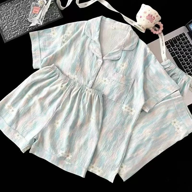 【R766】夏款蓝色小花短袖短裤+长裤三件套+胸垫【开衫款】