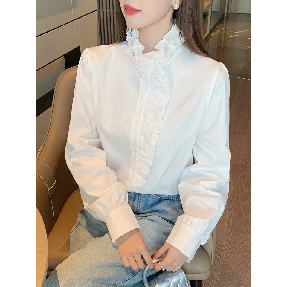 双112025秋季新款立领百搭拼接长袖衬衫女棉质衬衫女上衣