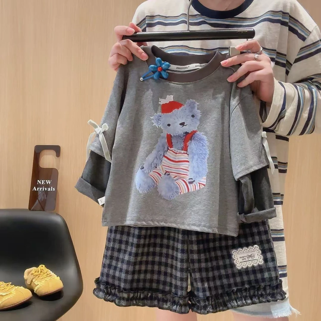 2025新款潮流女童休闲小熊印花韩版洋气时尚百搭圆领假两件