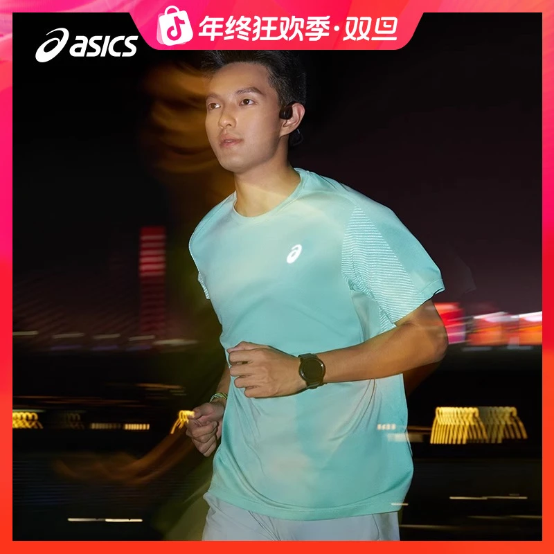 新年战袍ASICS亚瑟士新款男子反光跑步T恤夜视套头圆领运动短袖