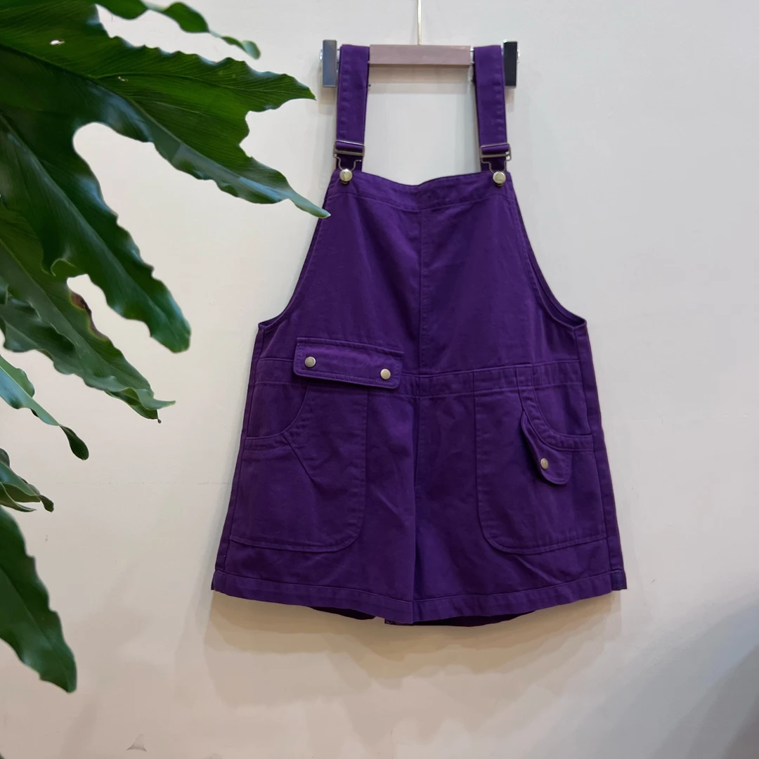 多巴胺紫色牛仔背带裤女夏季2025新款宽松超好看连体裤子阔腿短裤