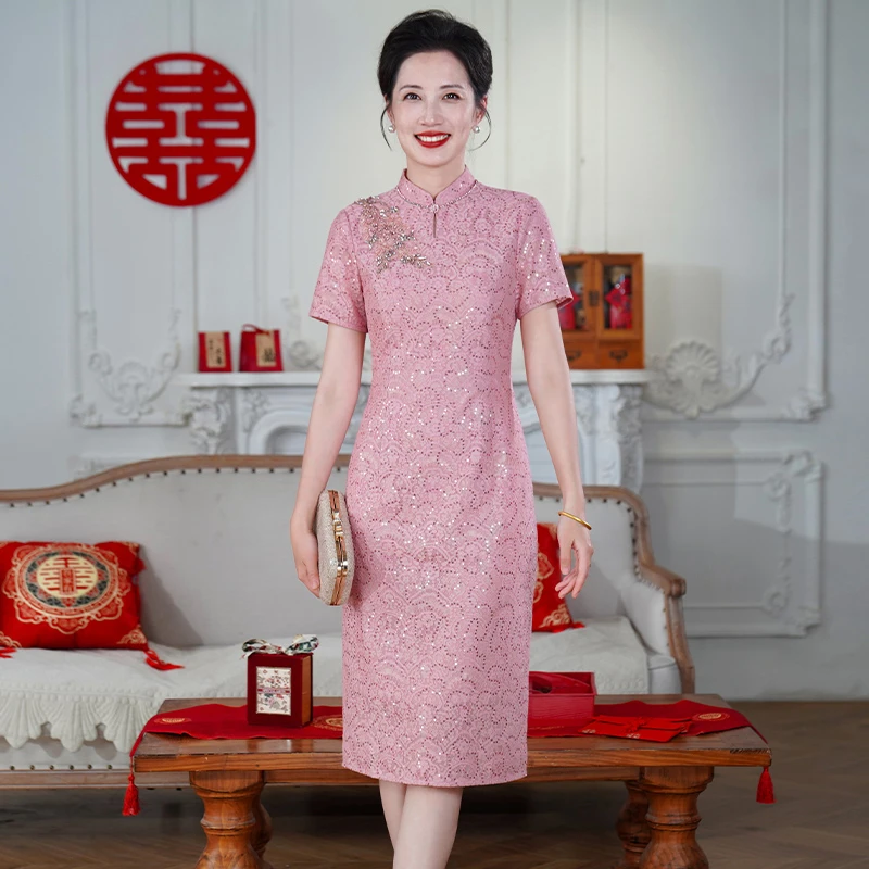 中式喜婆婆婚宴礼服平时可穿年轻蕾丝旗袍高贵女方母亲婚礼妈妈装