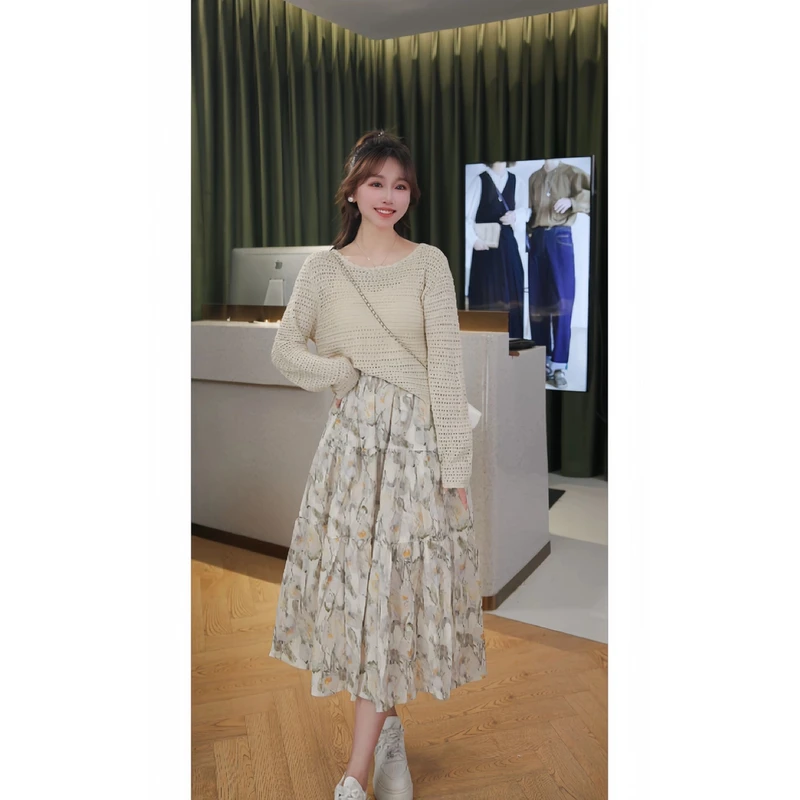 丁香小曲春夏蕾丝针织雪花亲肤慵懒风法式流行碎花时尚套装裙