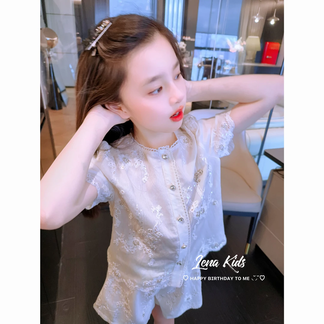 Lenakids【现货】超柔软·大牌风珠管绣套装上衣短裤女宝25051602