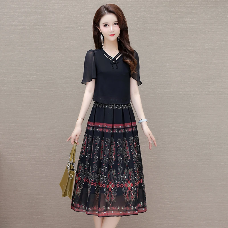 连衣裙女显瘦气质时尚夏季印花大码洋气复古收腰修身中国风民族风