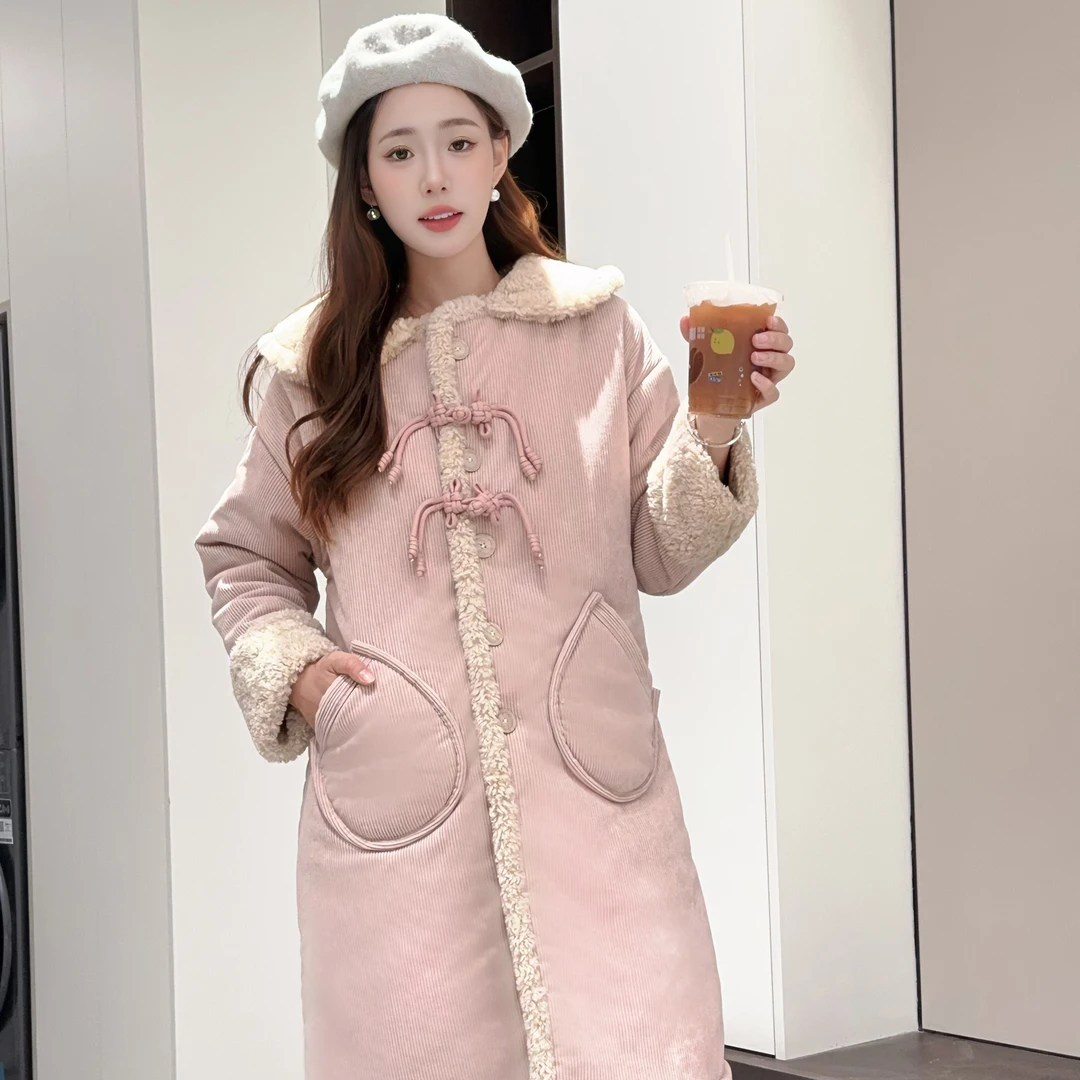 睡衣中式风中长款长款网红三层加绒加厚冬装甜美棉服韩版国风气质