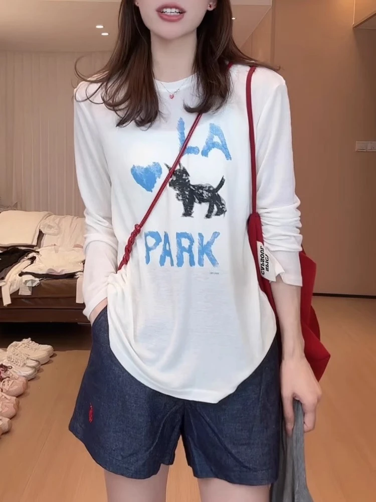 夏季新款小狗印花圆领长袖T恤防晒衫女宽松休闲薄款凉感罩衫ins