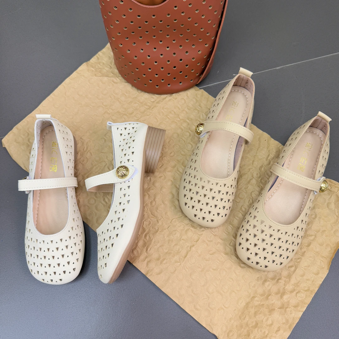 夏季春夏浅口女鞋休闲玛丽珍鞋单鞋洞洞鞋透气镂空百搭舒适