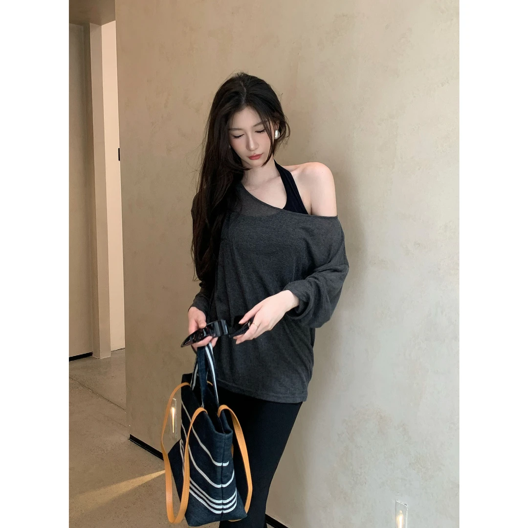 JIJINQI针织不规则薄款上衣修身露肩设计感百搭短袖 JD05SZPT1357