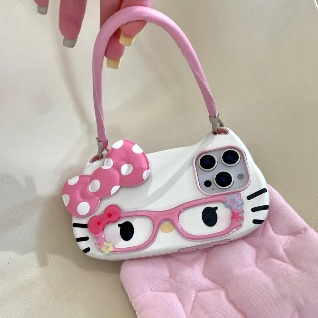苹果猫耳朵眼镜kitty猫可爱蝴蝶结适用iPhone16卡通手提ins手机壳