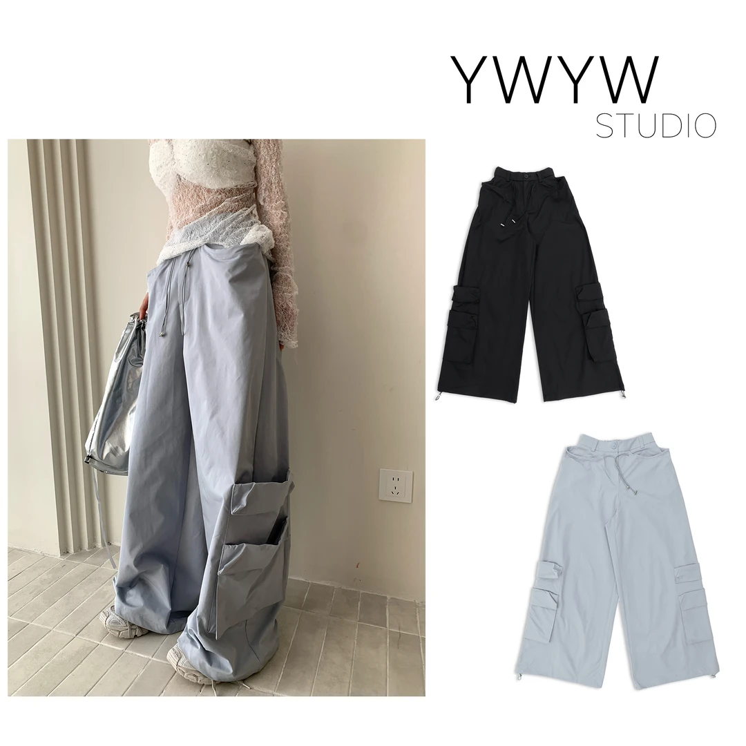 【YWYW25S/】春夏百搭纯色半松紧弹力阔腿休闲工装裤3877