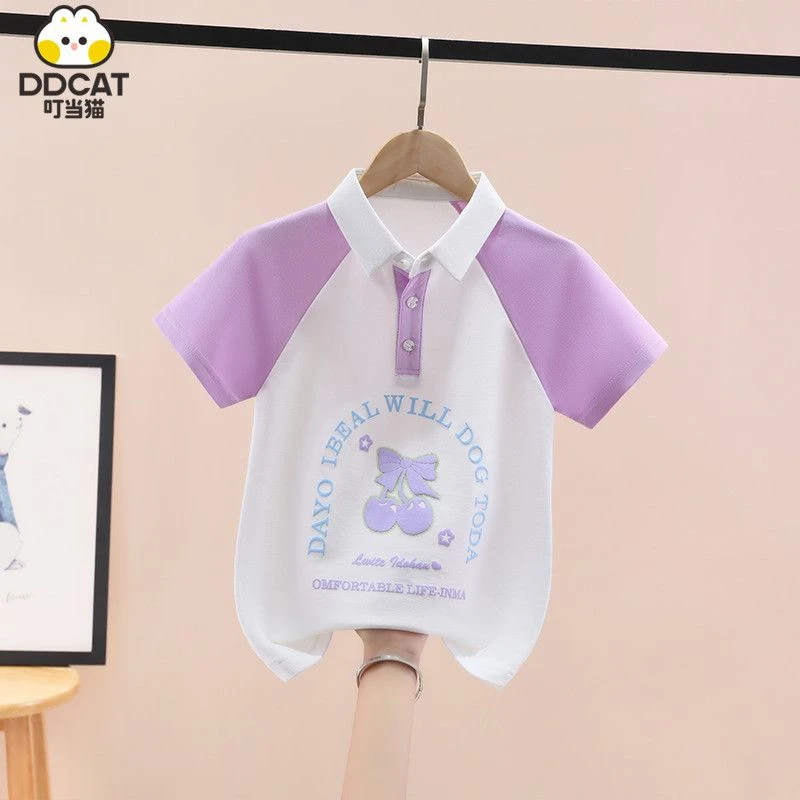 叮当猫女童短袖T恤夏装2025新款洋气中大童女孩翻领polo衫上衣潮