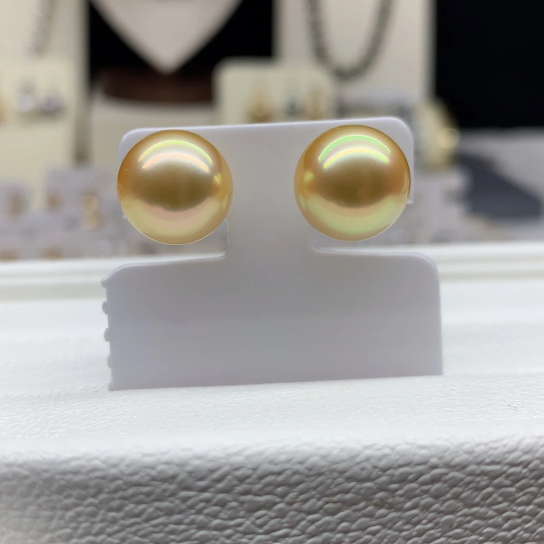 18K金镶嵌海水珍珠耳饰12.2mm金珠耳钉
