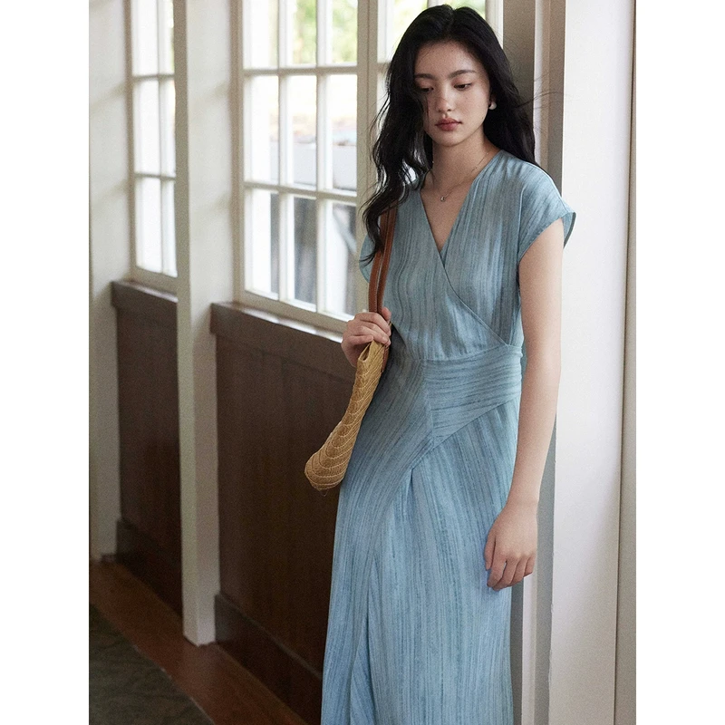 贰羊设计 【瑾艳】仿炒色肌理短袖连衣裙女通勤大气简约气质裙子