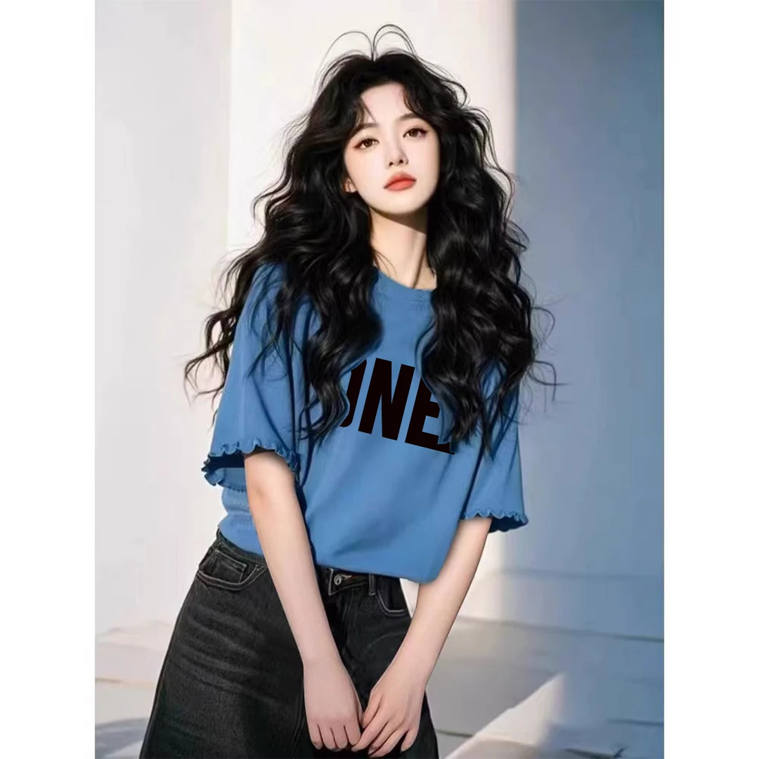 独特别致蓝色设计感木耳边上衣夏季宽松大码胖MM显瘦短袖减龄T恤