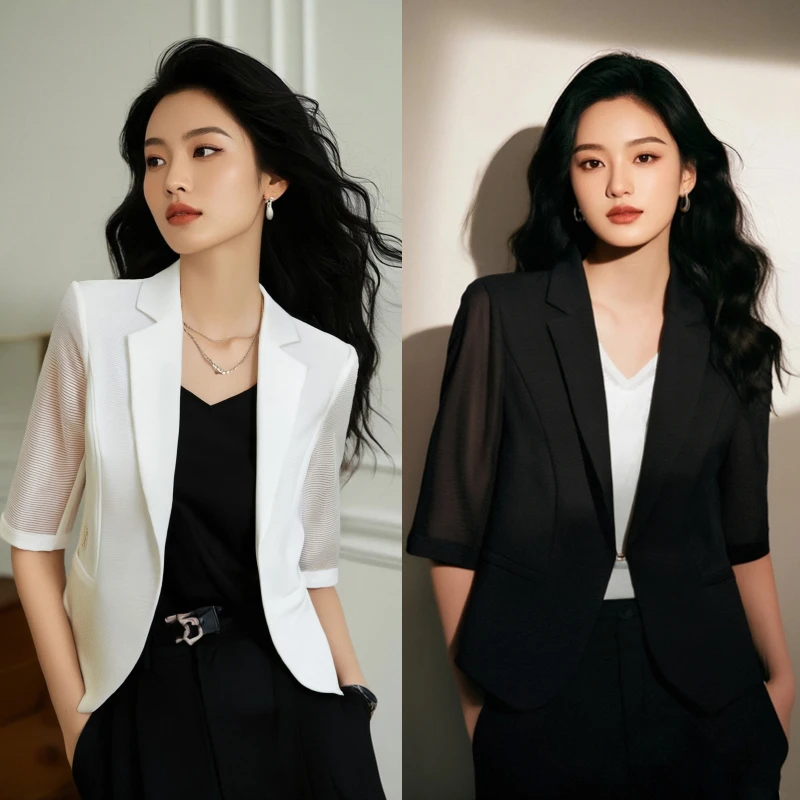 晚白夏季新款时尚简约薄外套气质纯色百搭翻领西装外套女24022678