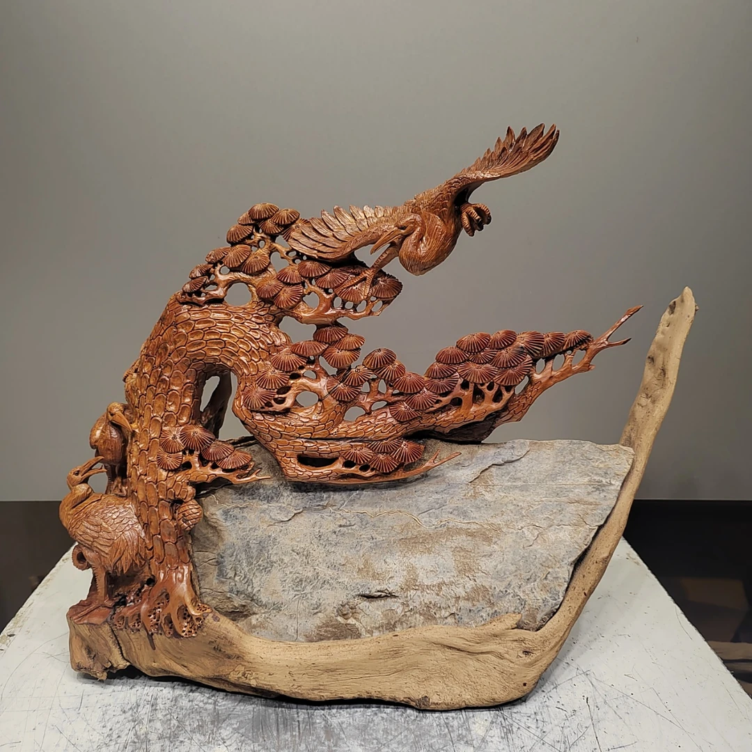 松鹤延年，北太行易县料根雕摆件，高油高密纯手工雕刻匠心之作