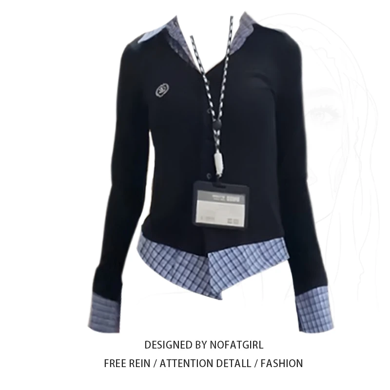 大码胖MM假两件拼接长袖t恤女春季新款修身显瘦设计感甜酷上衣潮