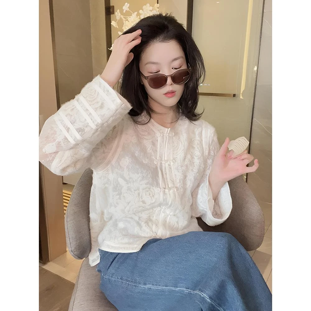 悦悦设计感新中式刺绣盘扣长袖上衣提花蕾丝衬衣百搭上衣气质衬衫