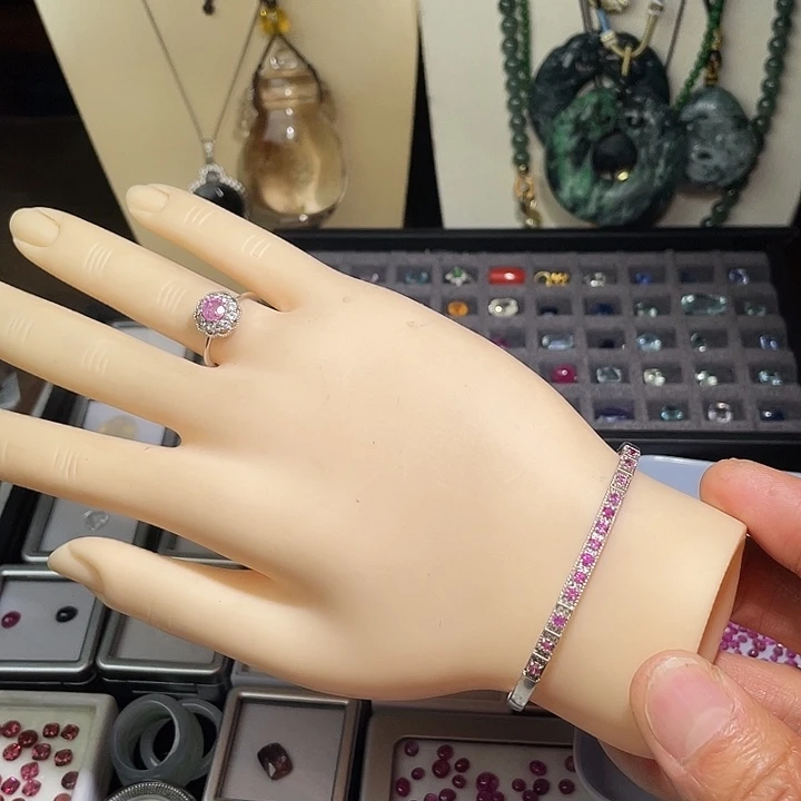 手镯银S925镶嵌蓝宝石缅甸天然抹谷无烧粉蓝宝石