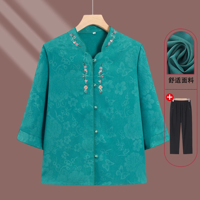 中老年人夏装女奶奶七分袖衬衫新中式妈妈春夏季洋气唐装舒适衬衣