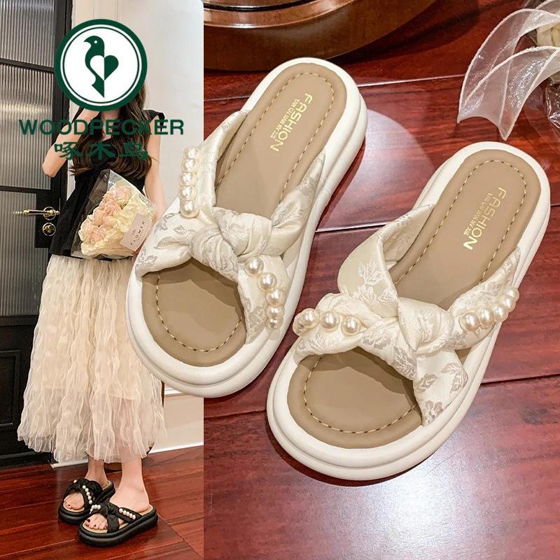 啄木鸟厚底珍珠拖鞋女夏季外穿2025新款百搭仙女风配裙子懒人凉拖