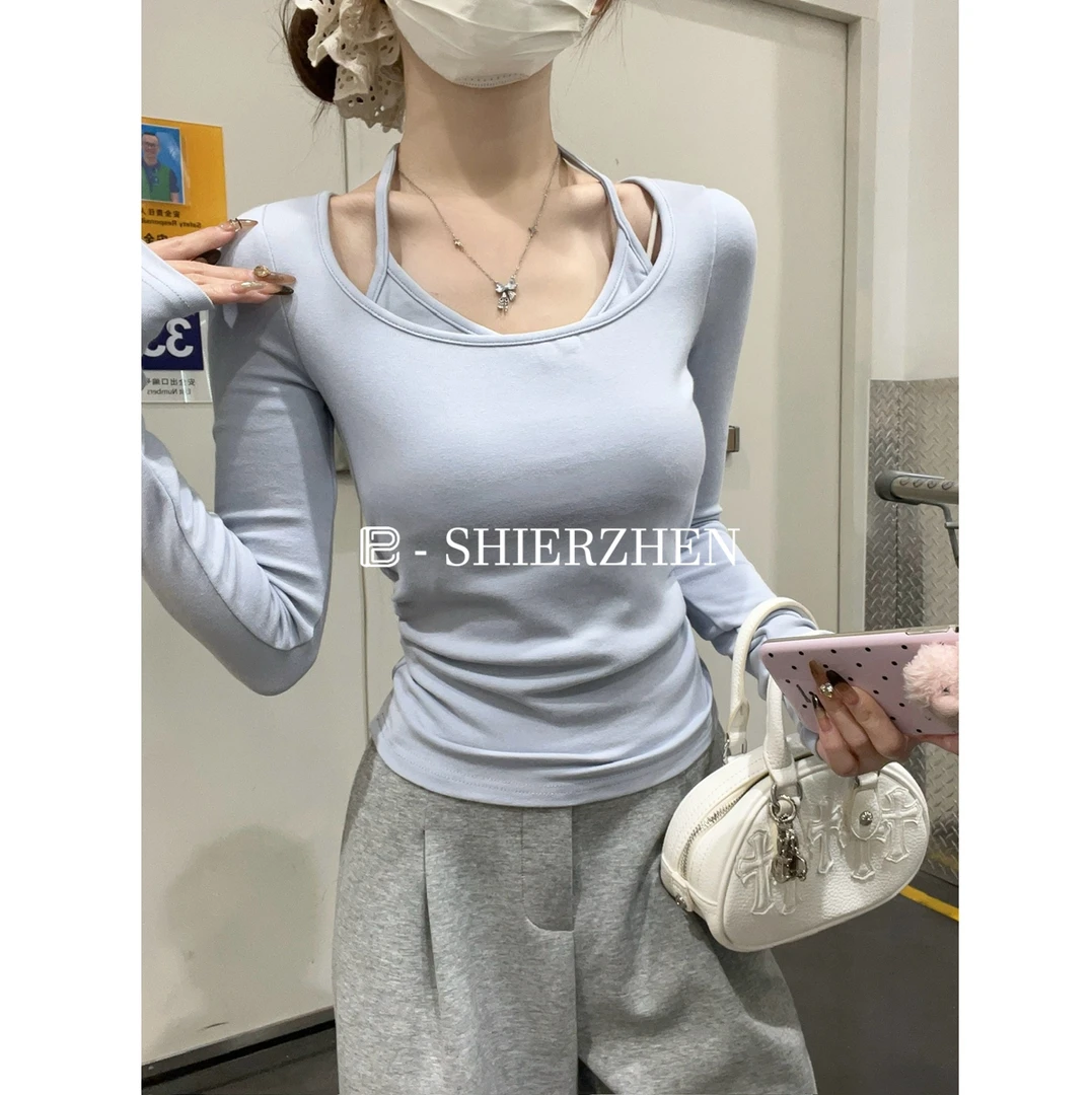 2025早春韩版纯欲挂脖褶皱修身假两件内搭打底长袖T恤上衣