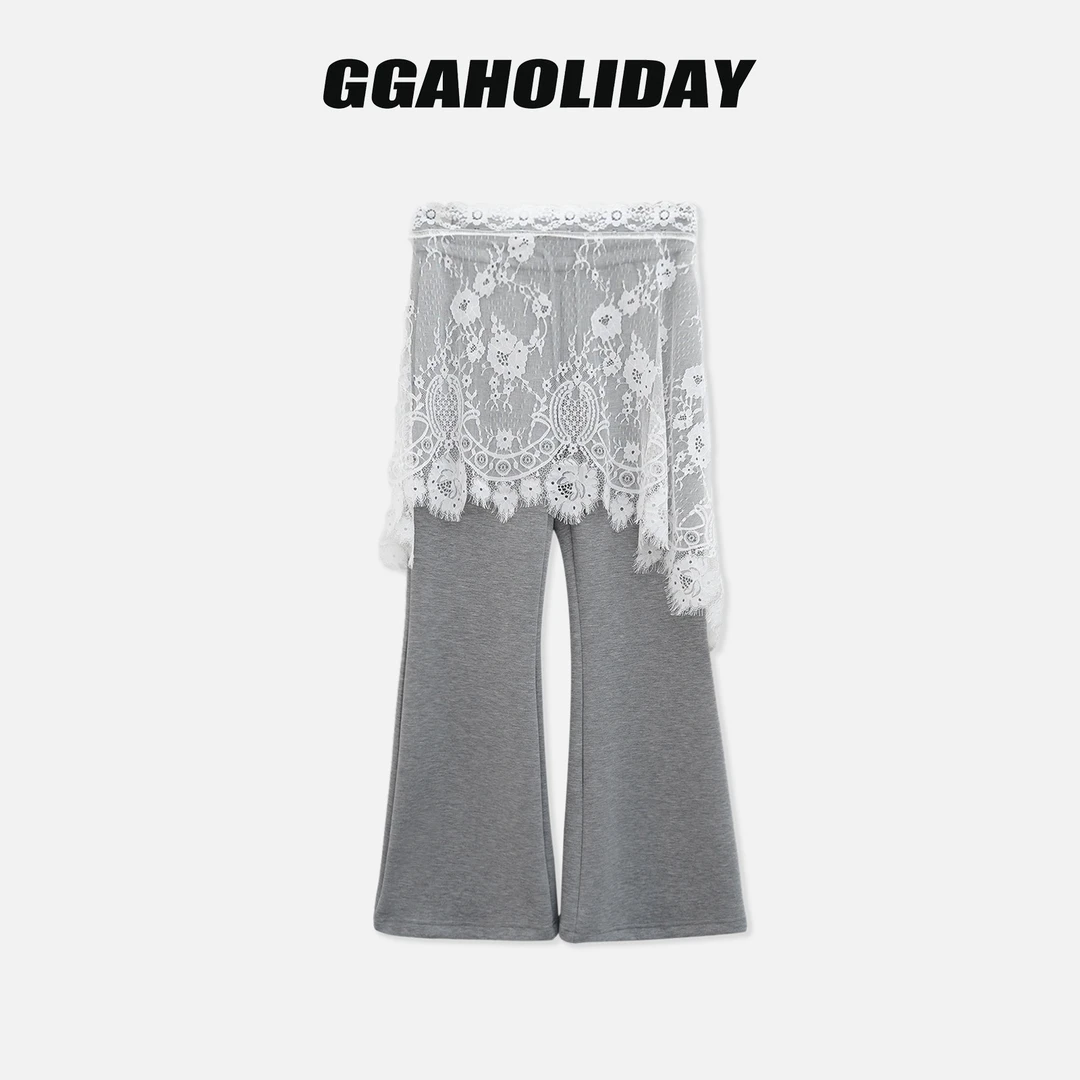 GGAHOLIDAY秋季时尚休闲百搭长裤蕾丝屁帘两件套喇叭裤-153177/6