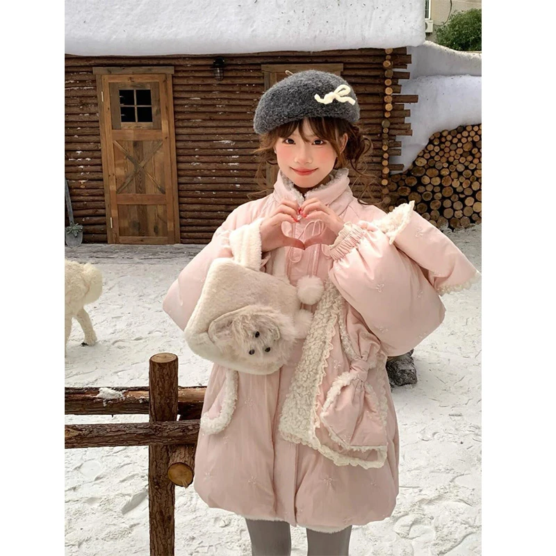 甜美可爱刺绣蝴蝶结围巾棉服外套女冬云朵高级感轻柔保暖棉衣棉袄