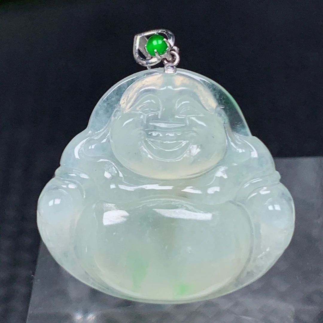 缅甸天然A货翡翠玉佛公18K金镶嵌冰种飘绿大肚弥勒佛吊坠挂件挂坠