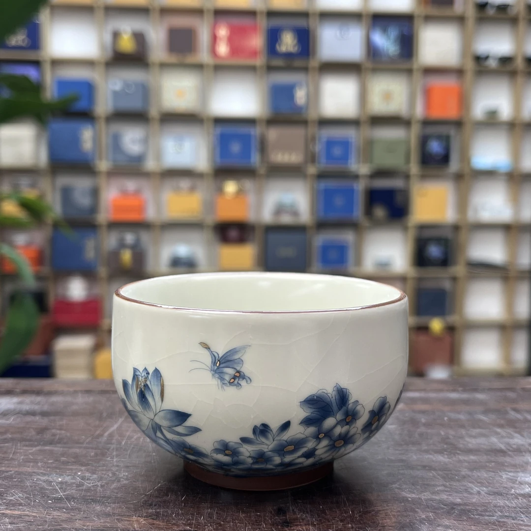 蓝荷花蝴蝶铜钱杯-ZH345(众)