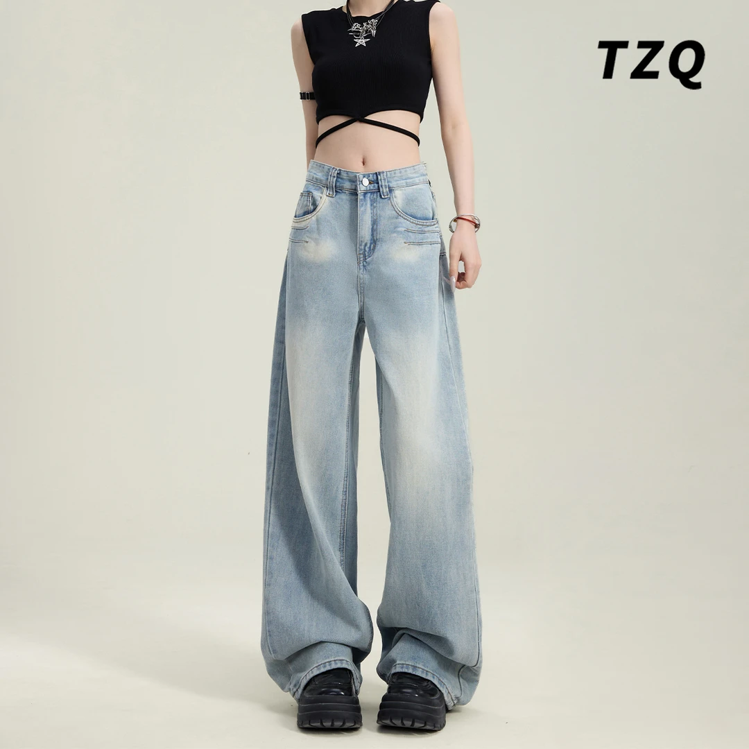 复古垂感阔腿牛仔裤女2025春季新款宽松高腰拖地直筒裤TZQ2521106