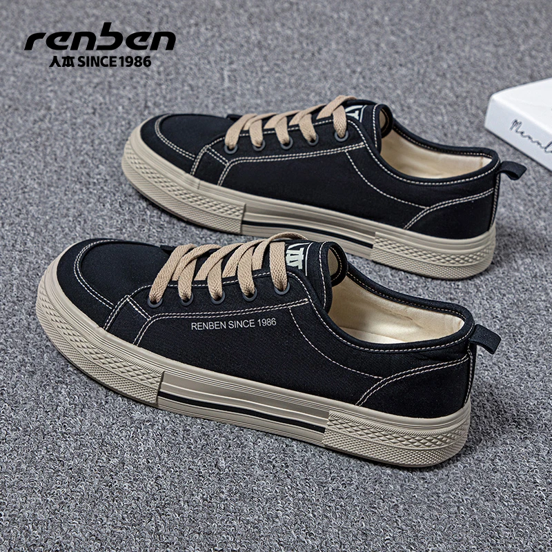 人本体育旗舰店帆布鞋2025春季新款休闲百搭黑色帆布鞋情侣款男鞋