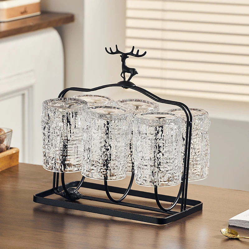 浮雕玻璃水杯家用客厅耐高温茶杯中式凉水杯办公室待客茶具带架子