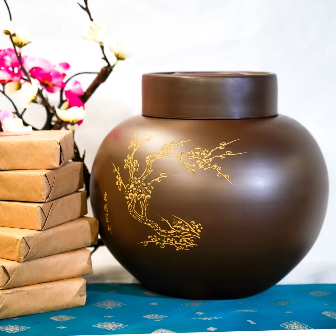 本陶手作3斤装坭兴陶石榴罐存茶醒茶罐梅兰竹菊储茶罐（手工痕迹