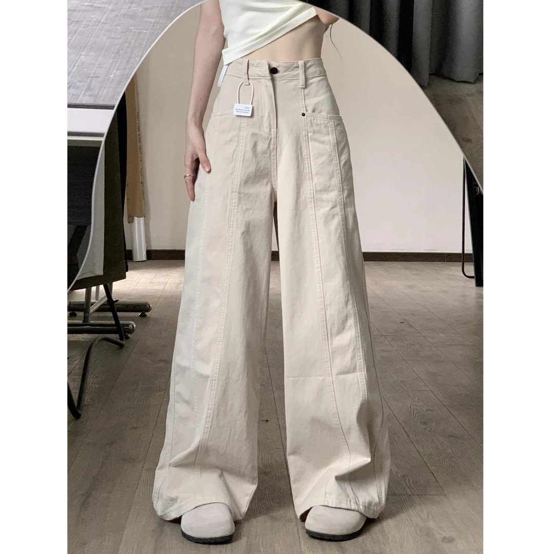 美式米杏色复古工装牛仔裤女夏季新款高腰宽松显瘦直筒阔腿长裤