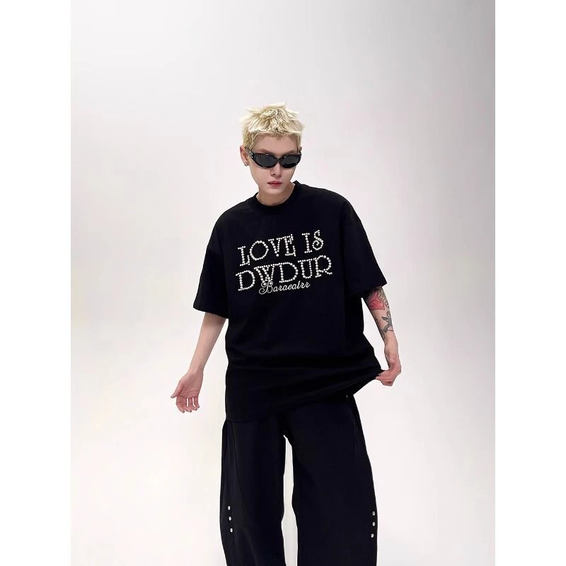 立体珍珠字母标语t恤男女同款设计感小领口圆领宽松短袖帅气上衣