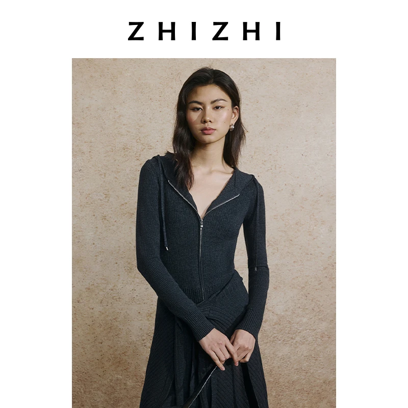 致知 醉芦花 羊毛混纺拉链连帽开衫显瘦25年秋季新款ZZ2EAKGN073