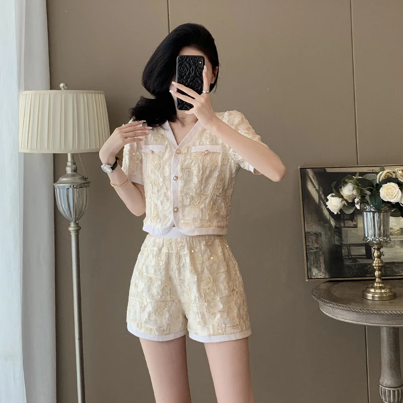 新款夏季休闲风法式轻熟风时尚气质显瘦收腰薄款短袖套装两件套