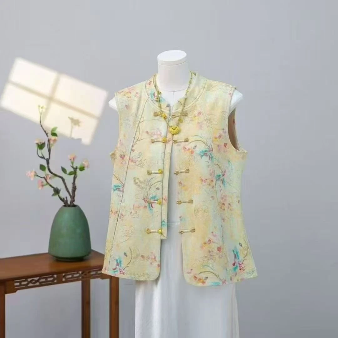 女常规款百搭单排扣时尚免烫复古碎花上衣提花马夹