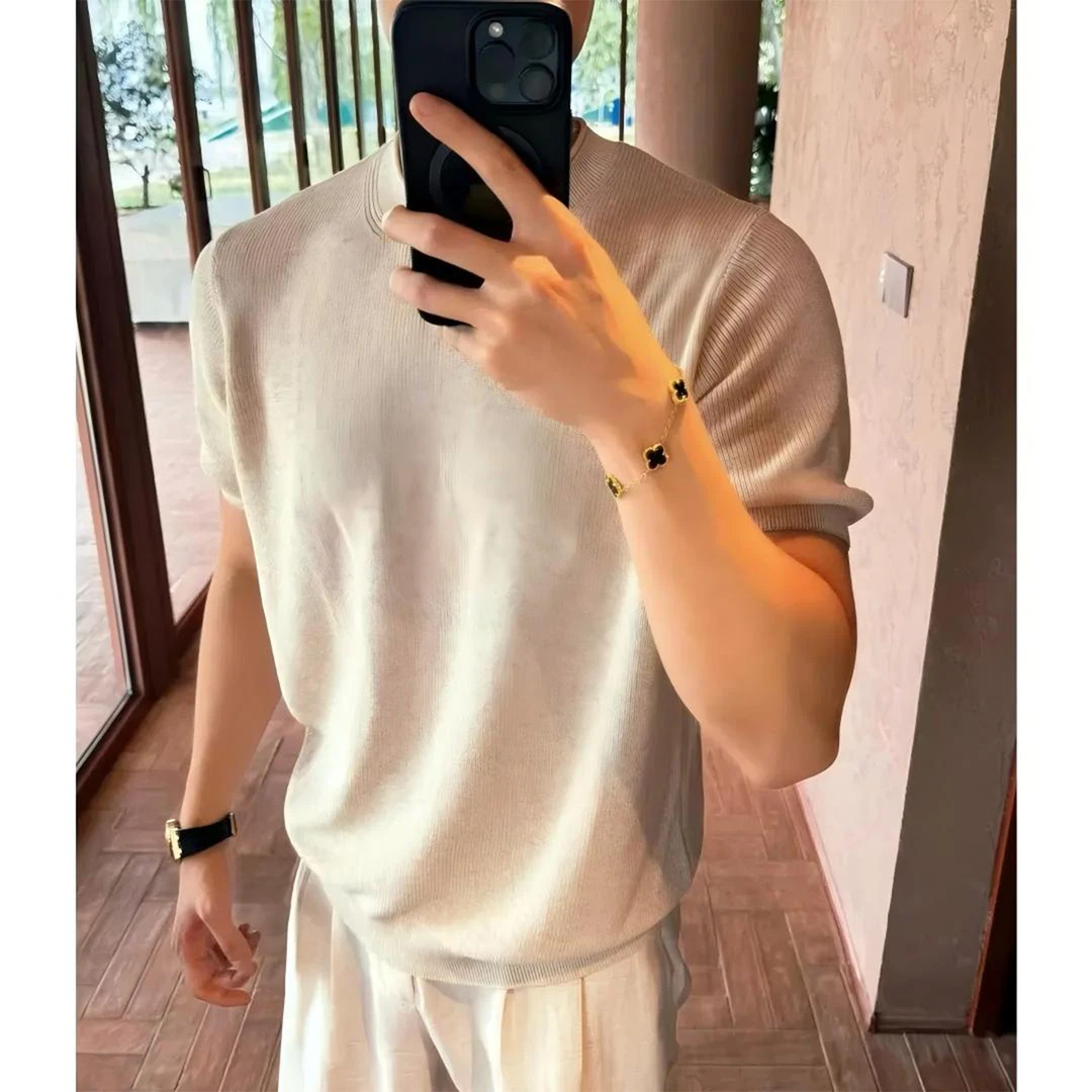 莱赛尔亚麻针织短袖男款夏季老钱风t恤松弛感休闲卷边半袖针织衫