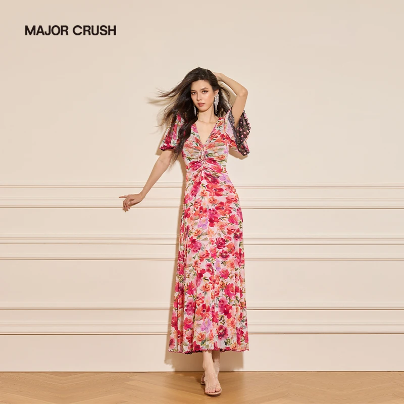 MAJOR CRUSH夏季新款气质修身显瘦盛夏晚风双面网布印花裙7262